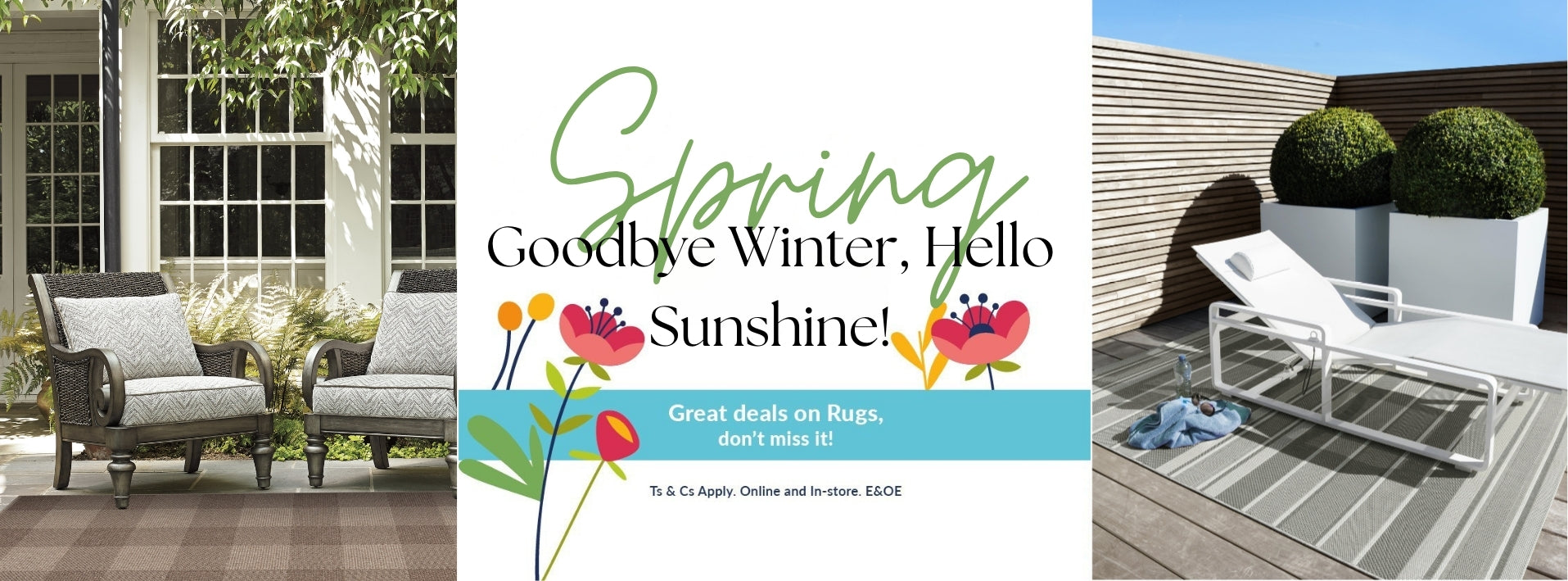 Promotional graphic for spring with outdoor furniture and text 'Goodbye Winter, Hello Sunshine!'.