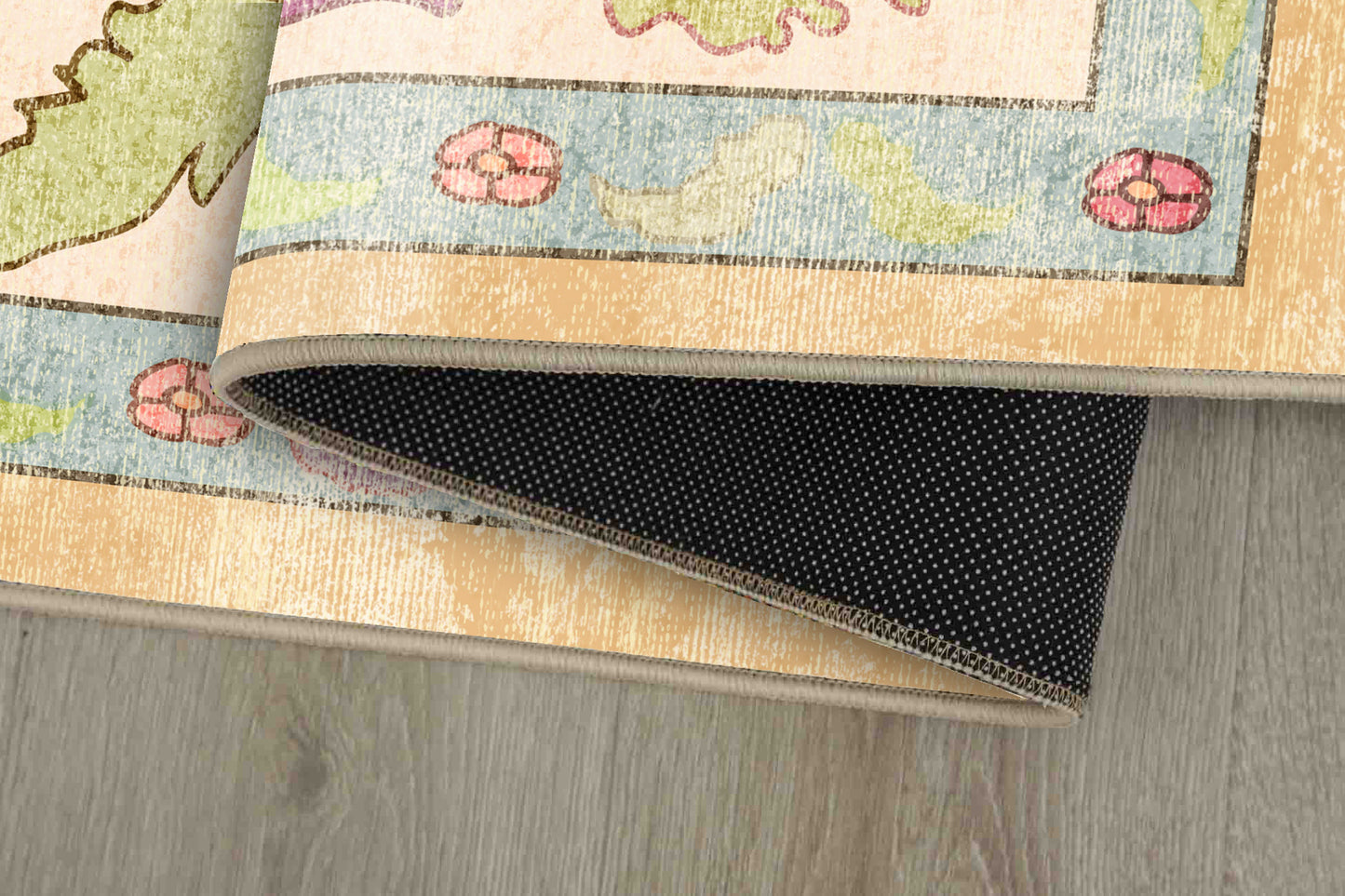 Horizon Golden Oushak rug corner folded, showing the non-slip dot backing