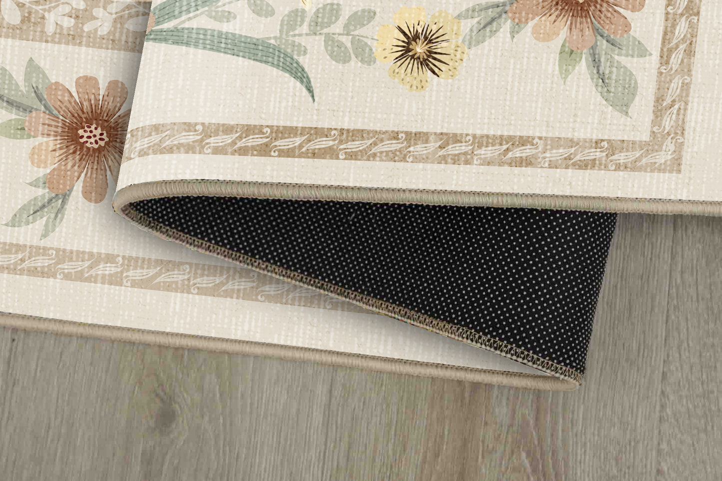 Horizon Country Floral rug corner folded, showing the non-slip dot backing
