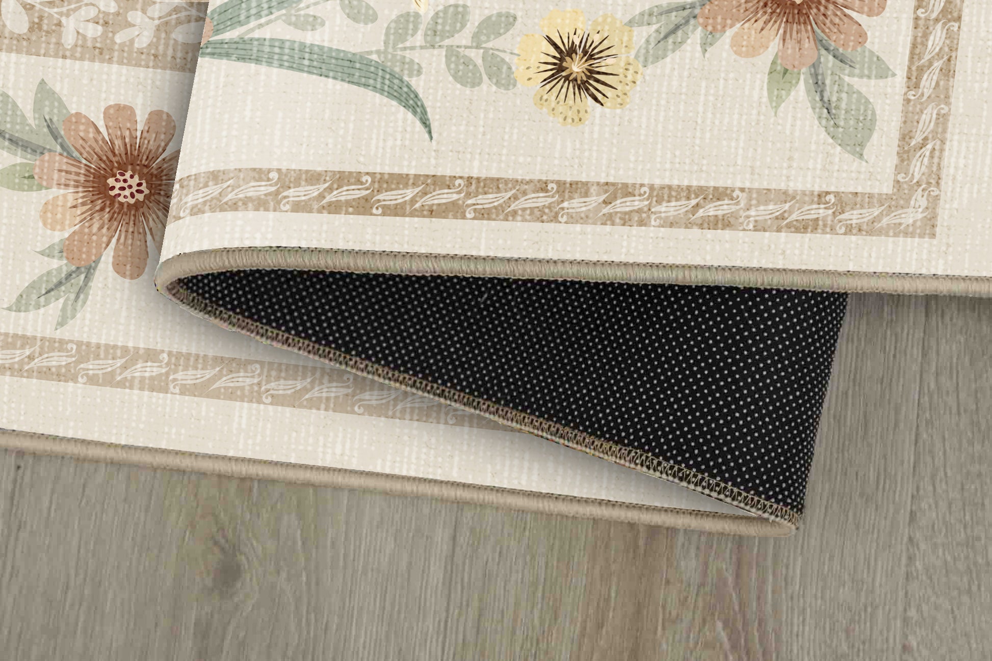 Horizon Country Floral rug corner folded, showing the non-slip dot backing