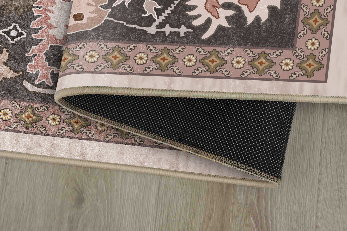 Sabrina Garden Bloom rug corner folded, showing the non-slip dot backing