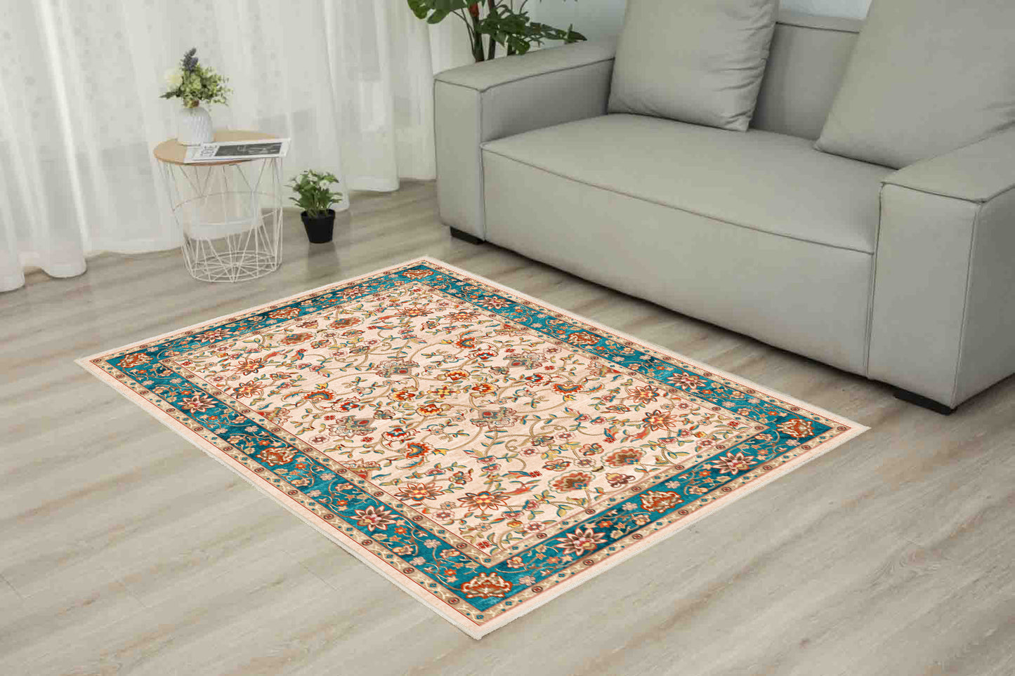 Tello Persian Teal rug in a living room