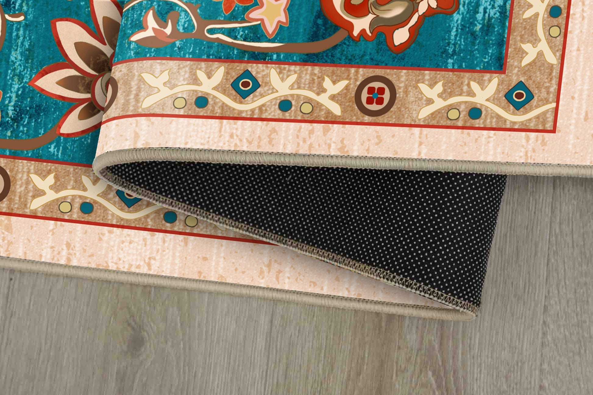 Tello Persian Teal rug corner folded, showing the non-slip dot backing