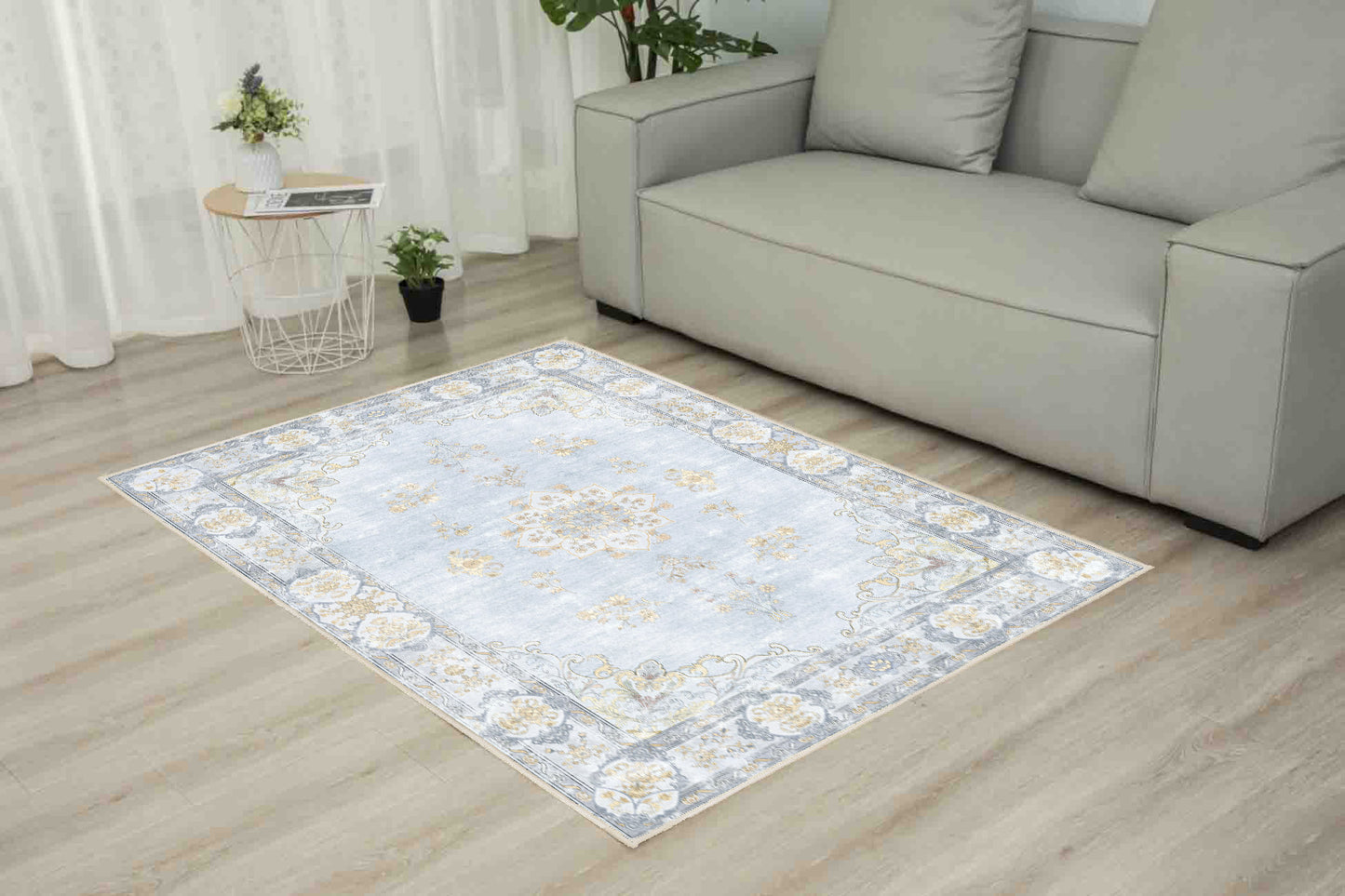 Tello Whisper Blue rug in a living room