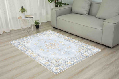 Tello Whisper Blue rug in a living room