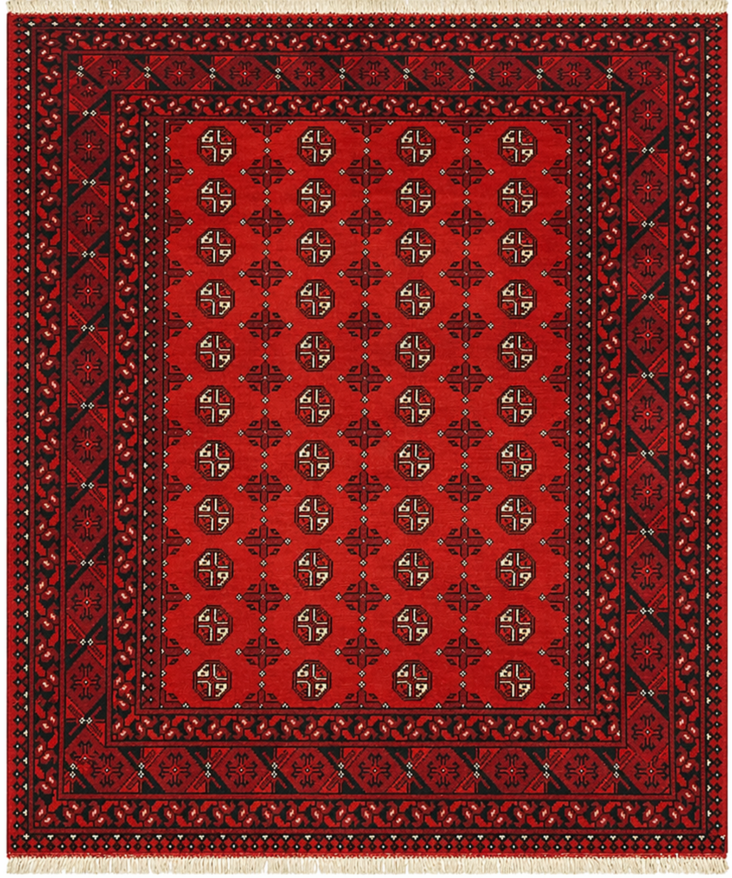 Red patterned rug with intricate designs on a white background