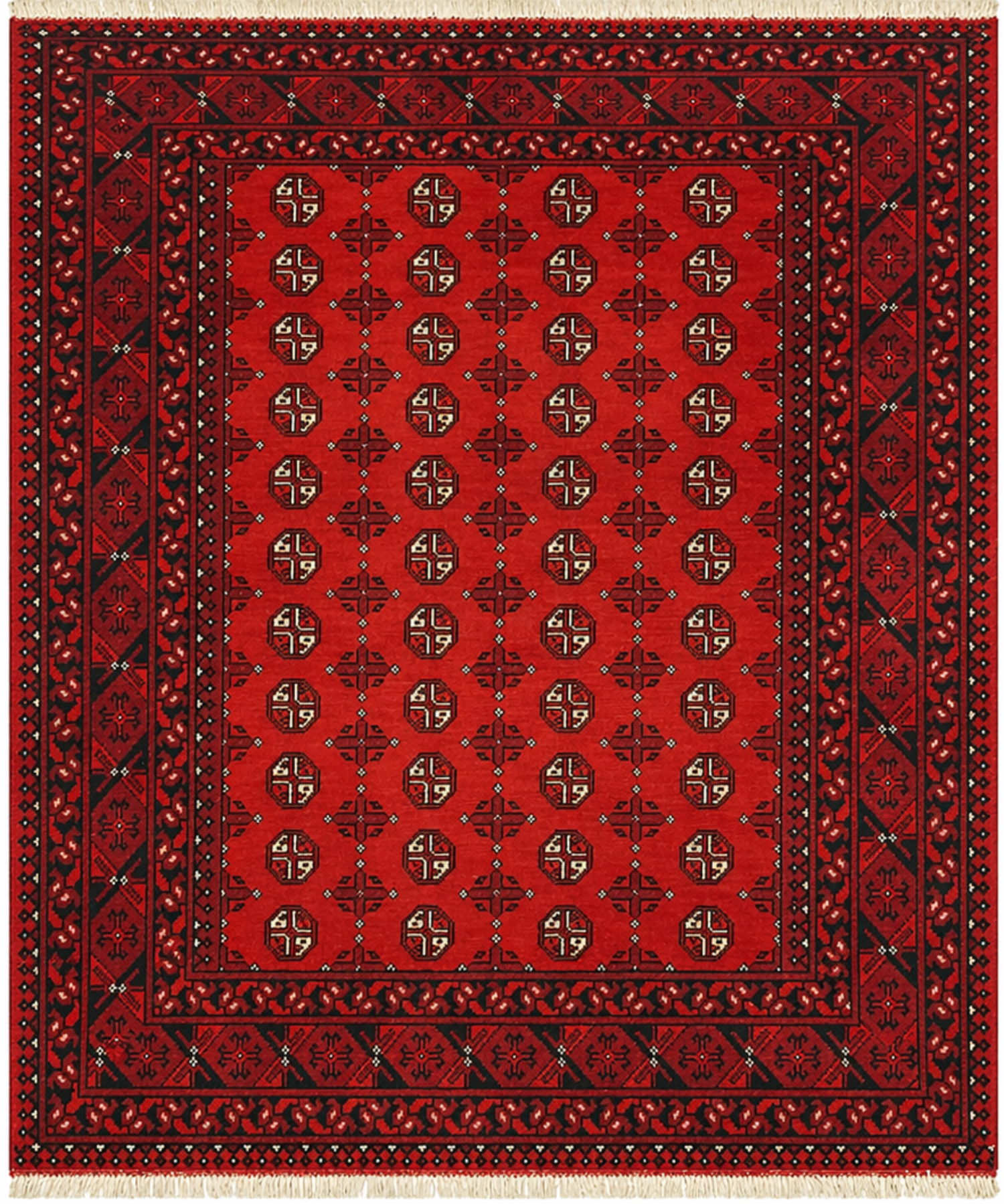 Red patterned rug with intricate designs on a white background